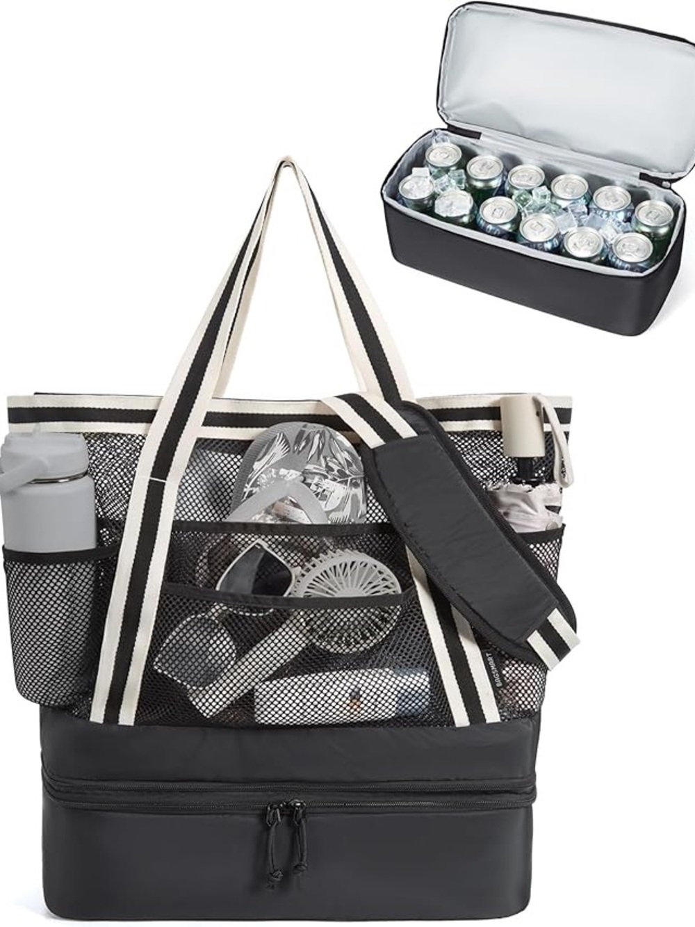 Black Mesh Cooler Beach Bag with Insulated Bottom - Bagsmart